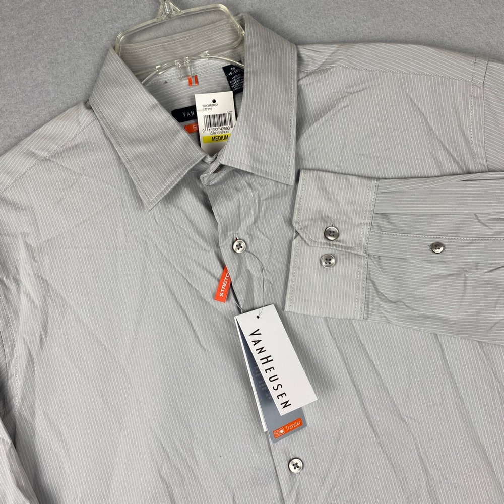 Van Heusen Traveler Mens Medium Grey Pinstripe Stretch Button Down Shirt NWT